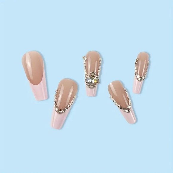24 pcs Glossy Pink French Style Fake Nails with Flower Heart and 3D Rhinestone - Picture 3 of 9